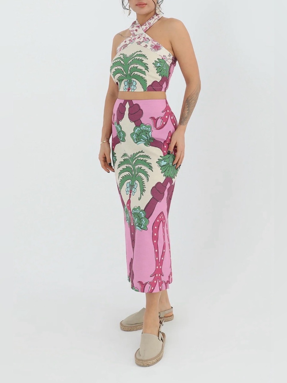 Soul of Mu Tropical Palm Print Linen Midi Skirt NWT Resort Indie Boho Size M
